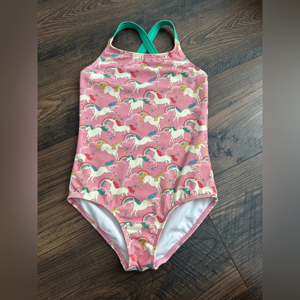 Mini Boden Cross Back Pink Unicorn One Piece Swimsuit Size 6-7Y